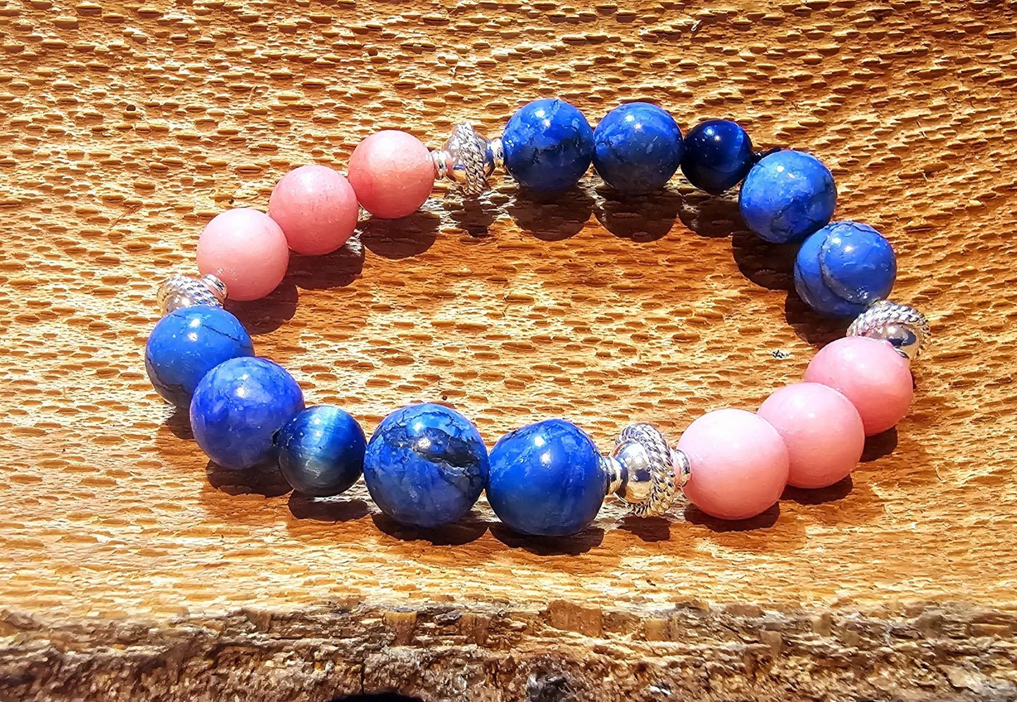 Edelsteinarmband Blaue Jade I Blaues Tigerauge I Rosa Jade