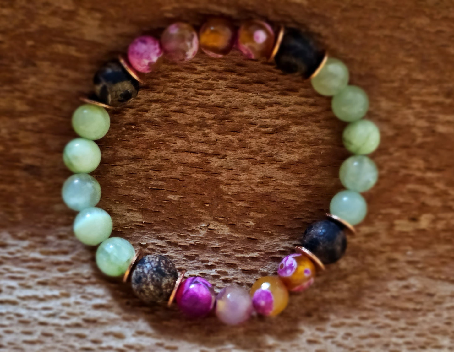 Edelsteinarmband Feuerachat rosa-orange I Limettengrüne Jade I Tibetischer schwarzer Achat