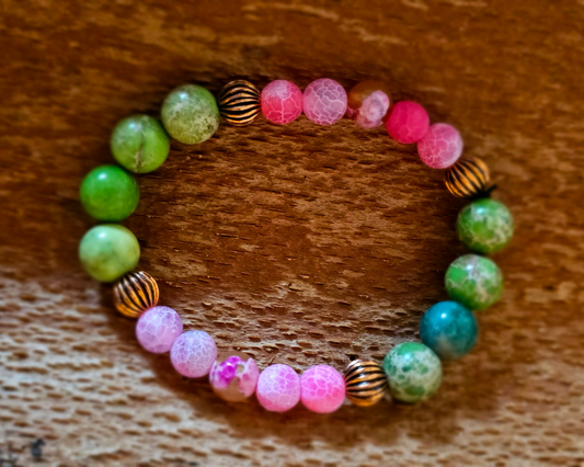 Edelsteinarmband Feuerachat knallrosa I Rosa Feuer Crackle Achat I Apfelgrüner Imperialer Jaspis